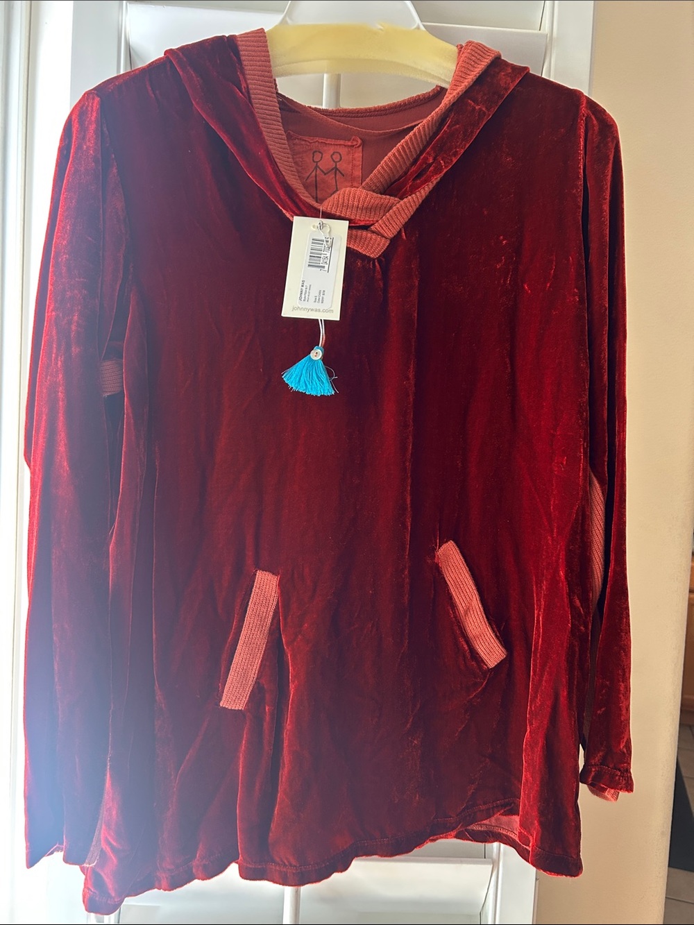 Johnny Was Deep Red Velvet Hooded Tunic with Blue Tassel